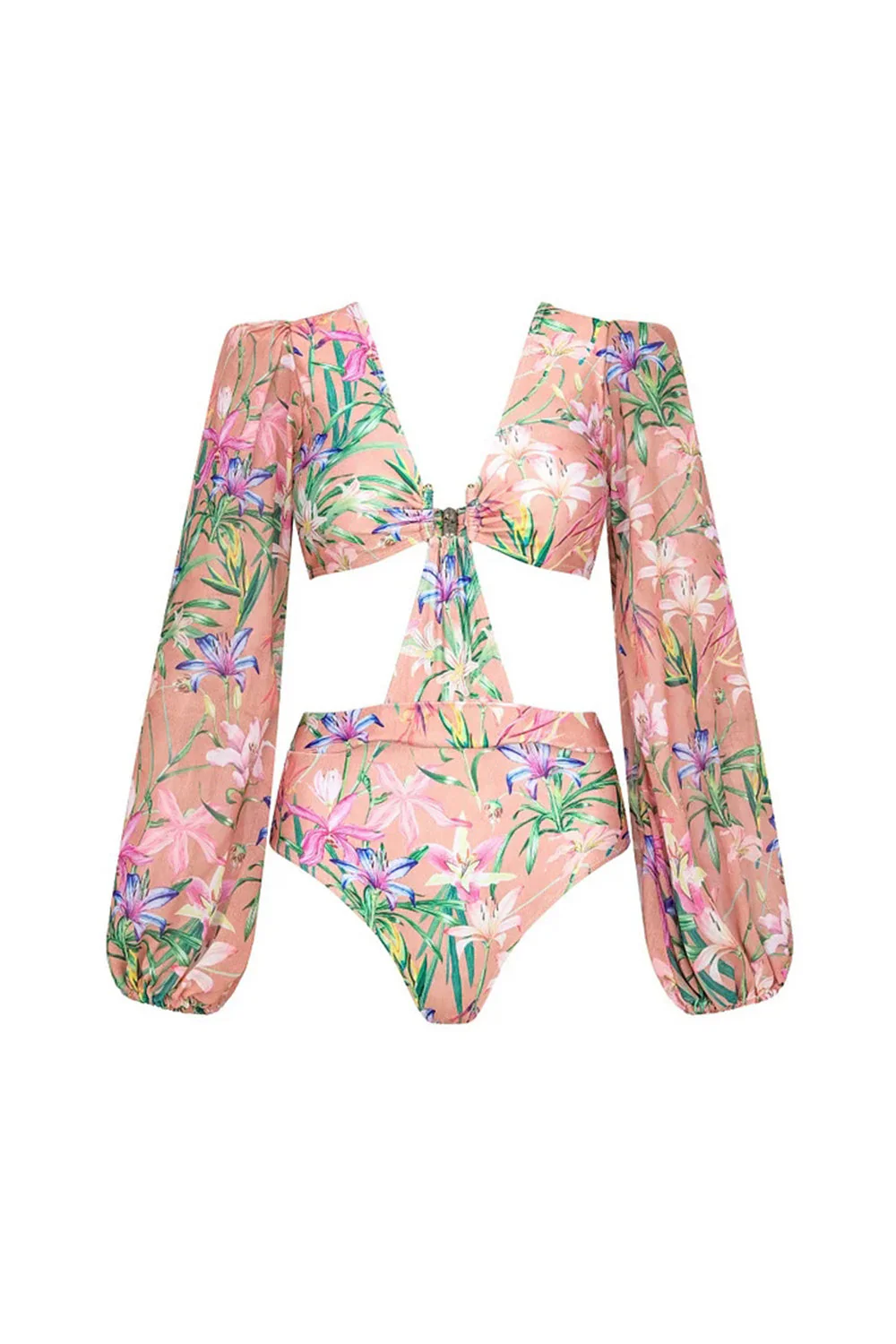 Maillot de bain à volants à deux pièces à manches longues à fleurs roses, à manches longues découpées et robe de plage - Image 2