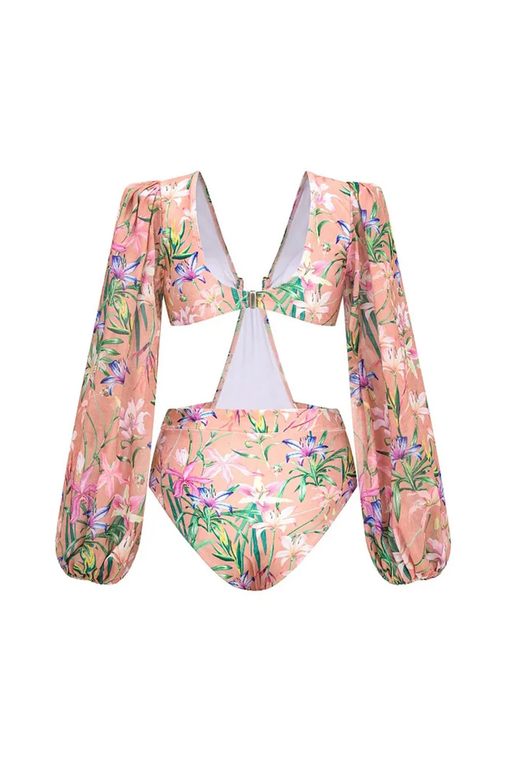 Maillot de bain à volants à deux pièces à manches longues à fleurs roses, à manches longues découpées et robe de plage - Image 3