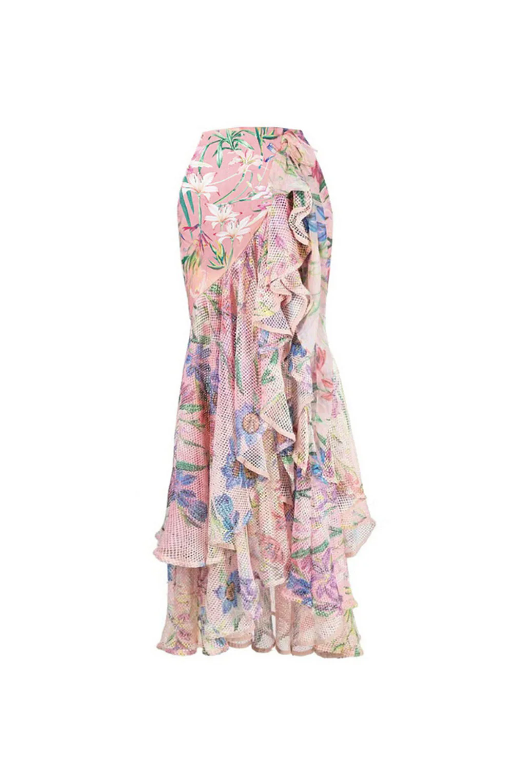Maillot de bain à volants à deux pièces à manches longues à fleurs roses, à manches longues découpées et robe de plage - Image 4