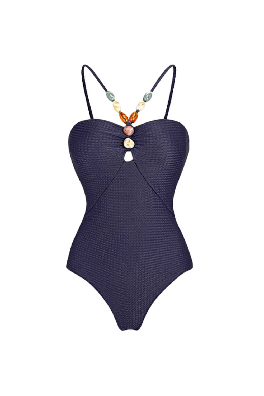 Maillot de bain bleu marine à bretelles fines 2 pièces perlées avec robe de couverture - Image 2
