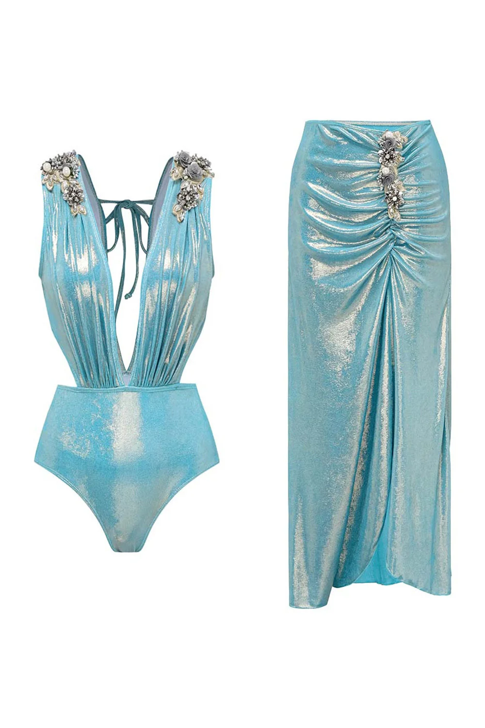 Maillot de bain bleu métallique à col en V 2 pièces perlés avec robe de plage