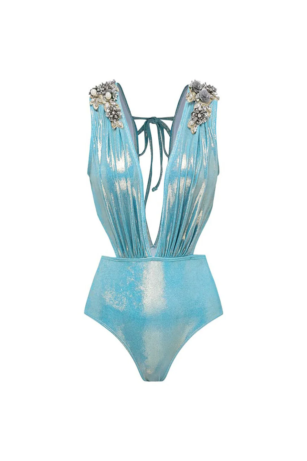 Maillot de bain bleu métallique à col en V 2 pièces perlés avec robe de plage - Image 2