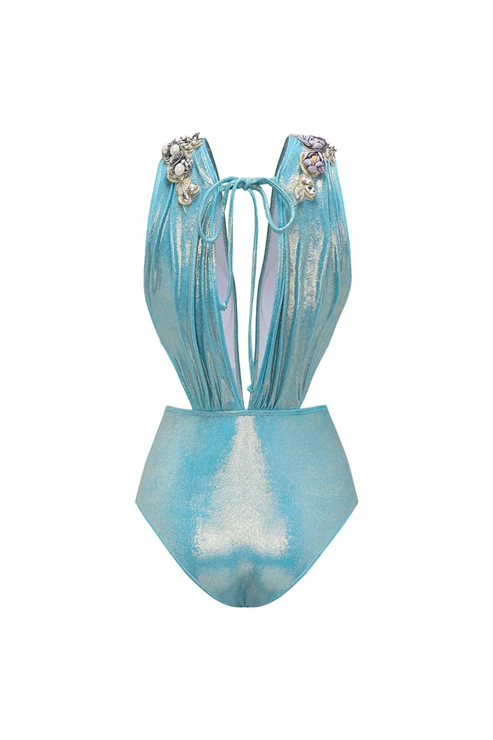 Maillot de bain bleu métallique à col en V 2 pièces perlés avec robe de plage - Image 3