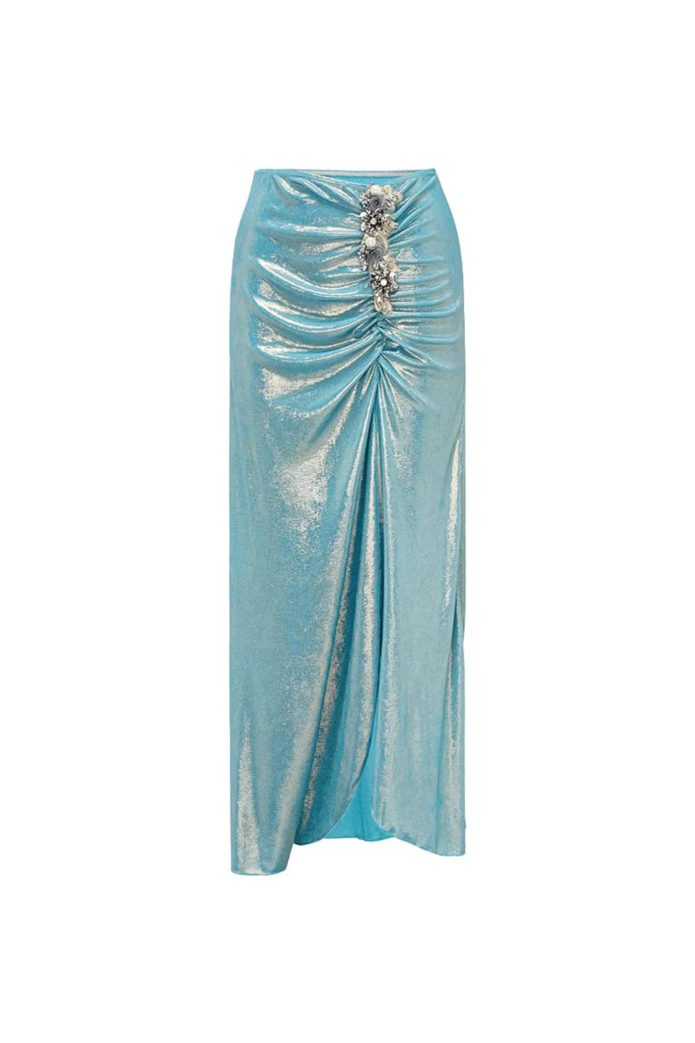 Maillot de bain bleu métallique à col en V 2 pièces perlés avec robe de plage - Image 4