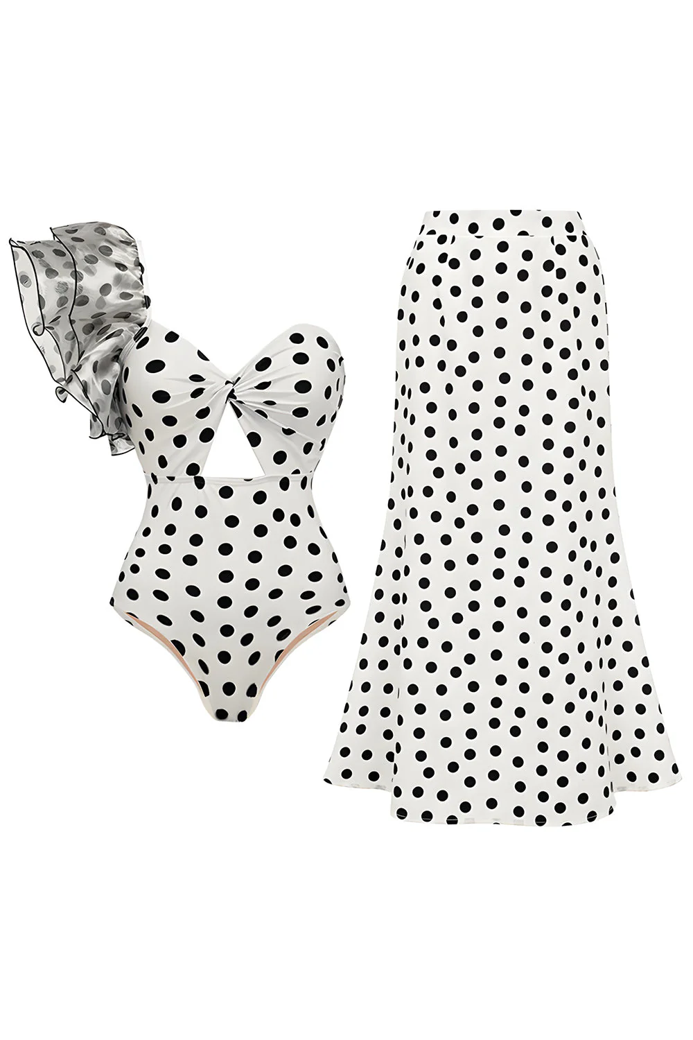 Maillot de bain deux pièces à pois blancs à points noirs à une épaule avec couverture
