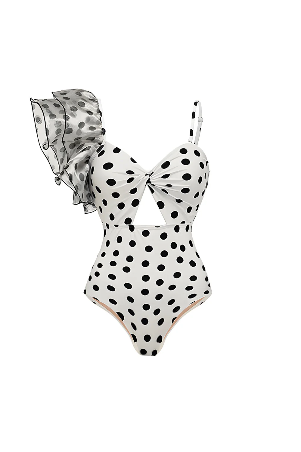Maillot de bain deux pièces à pois blancs à points noirs à une épaule avec couverture - Image 2