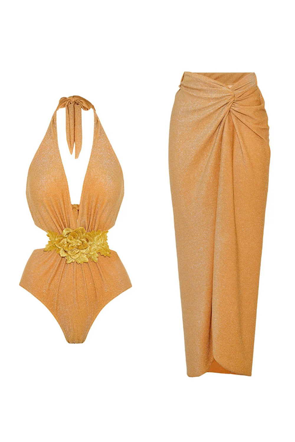 Maillot de bain doré 2 pièces en fleurs 3D à dos nus avec robe de plage