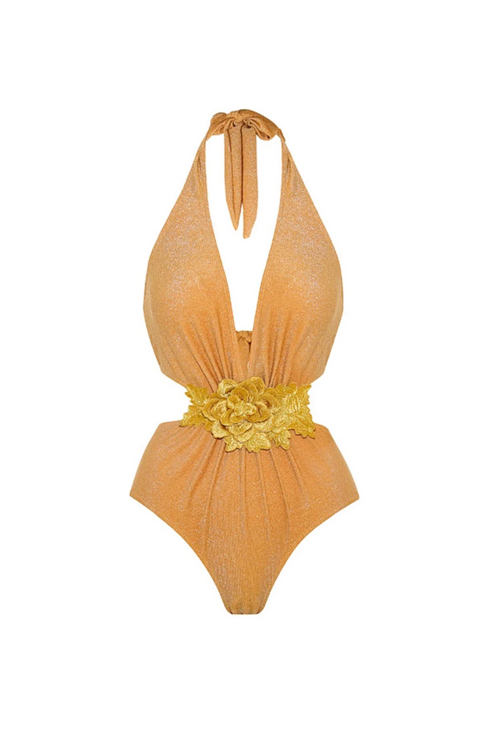 Maillot de bain doré 2 pièces en fleurs 3D à dos nus avec robe de plage - Image 2