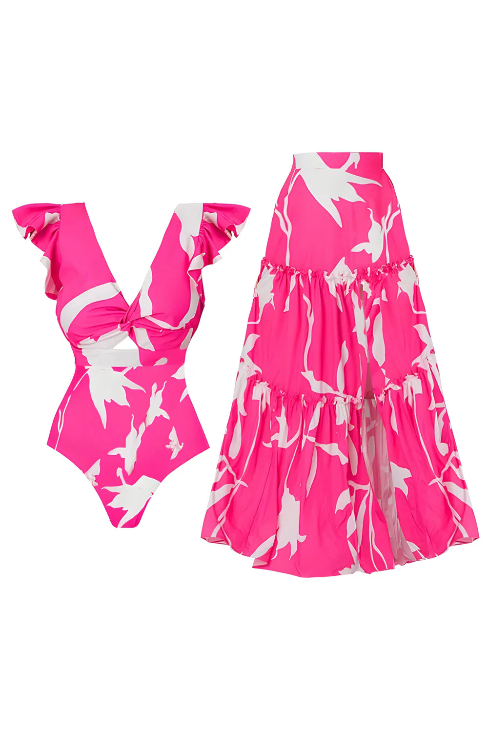 Maillot de bain en fuchsia à décolleté en V à imprimé 2 pièces avec couverture