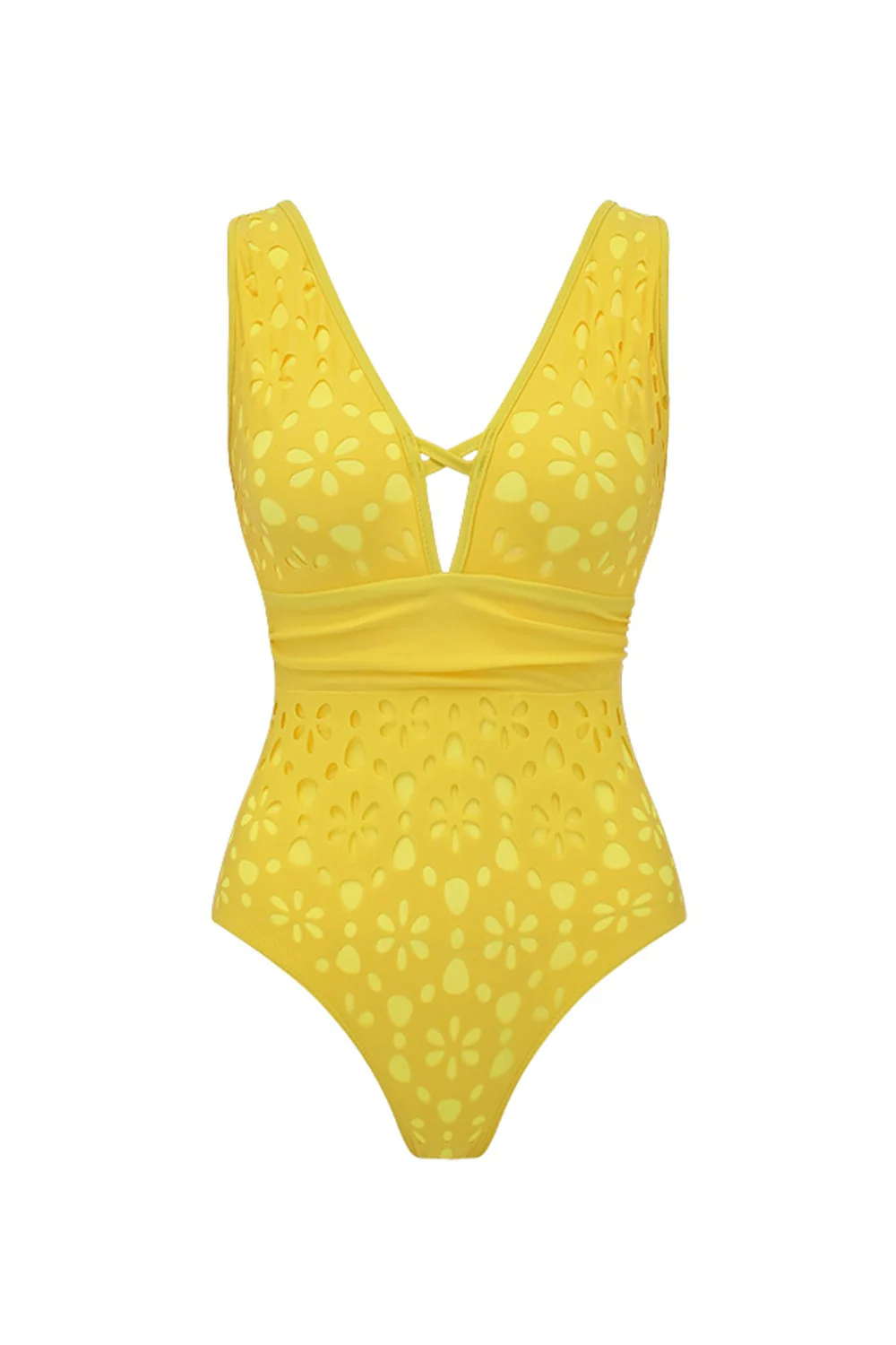 Maillot de bain jaune à col en V découpé en deux pièces avec robe de plage - Image 2