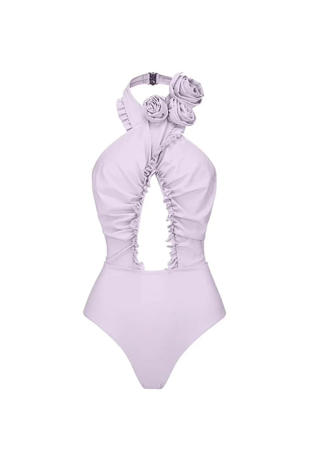 Maillot de bain lilas 3D découpé en fleurs 3D en deux pièces avec robe de revêtement - Image 2