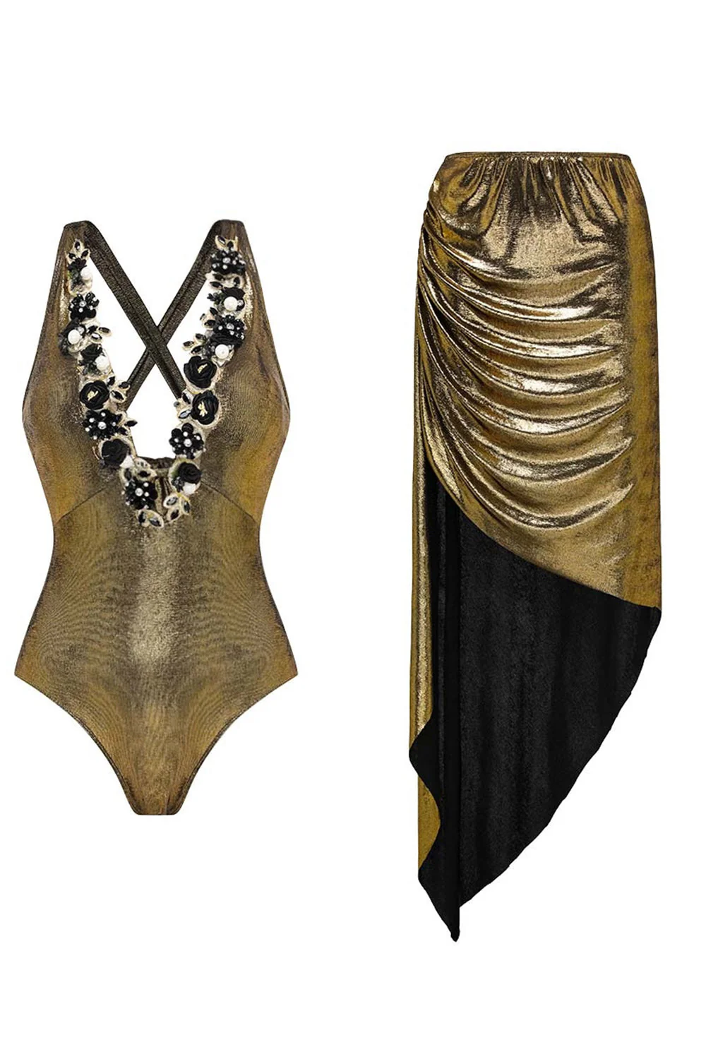 Maillot de bain métallique doré 2 pièces à col en V 3D avec robe de plage