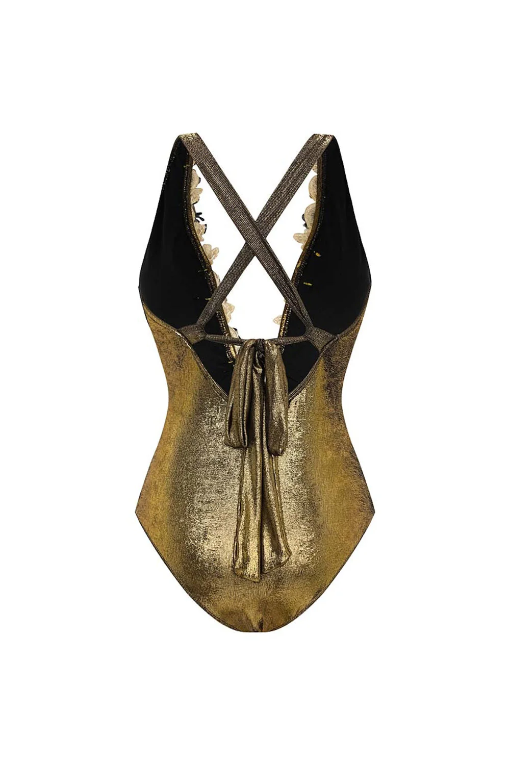Maillot de bain métallique doré 2 pièces à col en V 3D avec robe de plage - Image 3