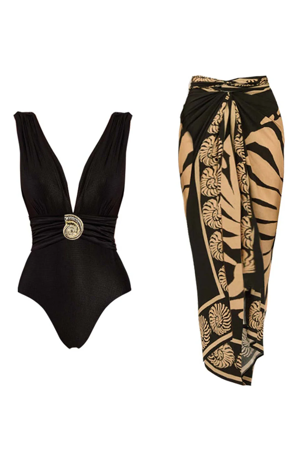 Maillot de bain noir à col profond en V en deux pièces avec jupe de revêtements