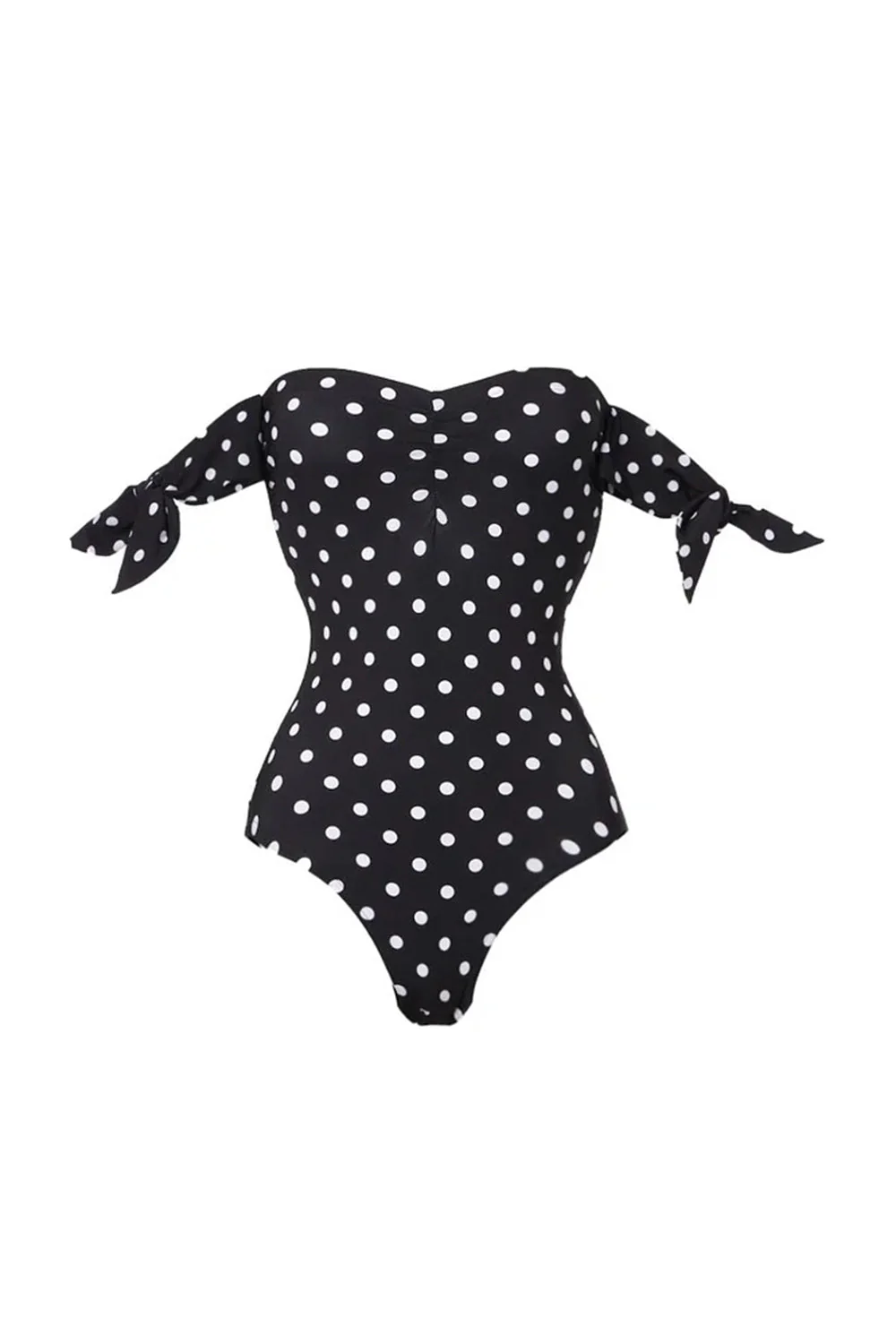 Maillot de bain noir à pois blancs à deux pièces dénudé avec jupe de couverture - Image 2