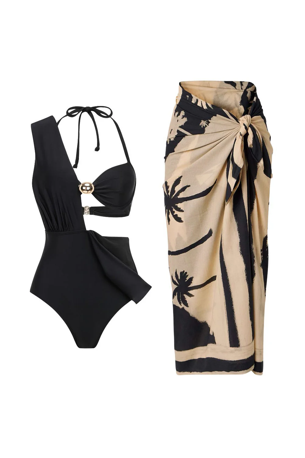 Maillot de bain noir décapotable 3 pièces à dos nu avec couverture