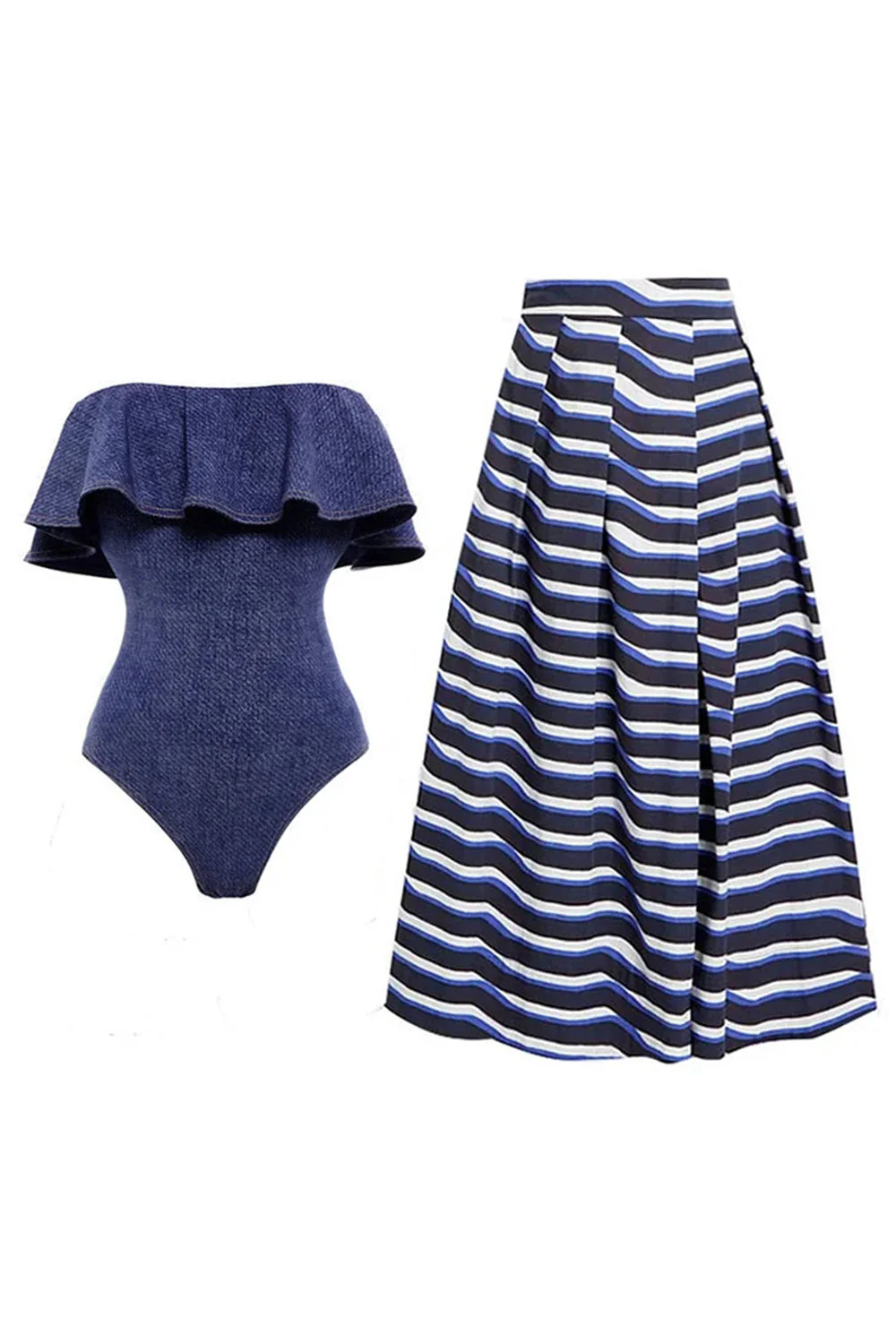 Maillot de bain rayé bleu marine découvert à épaules 2 pièces avec couverture