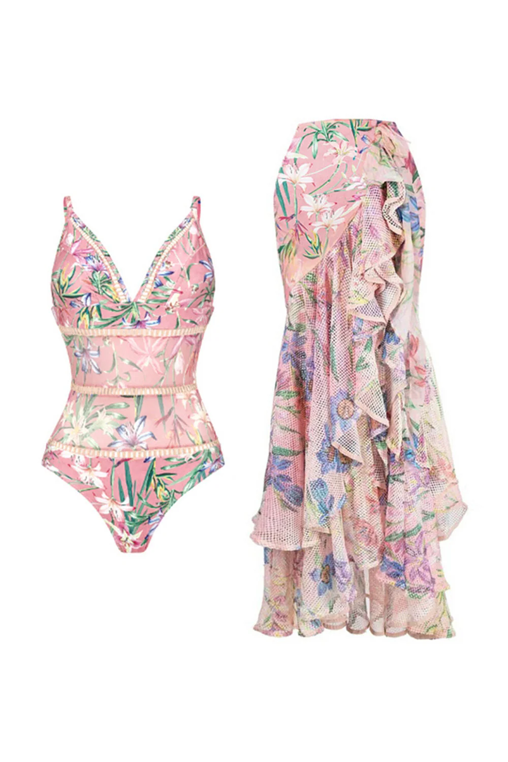 Maillot de bain rose à volants à volants en 2 pièces avec robe de plage