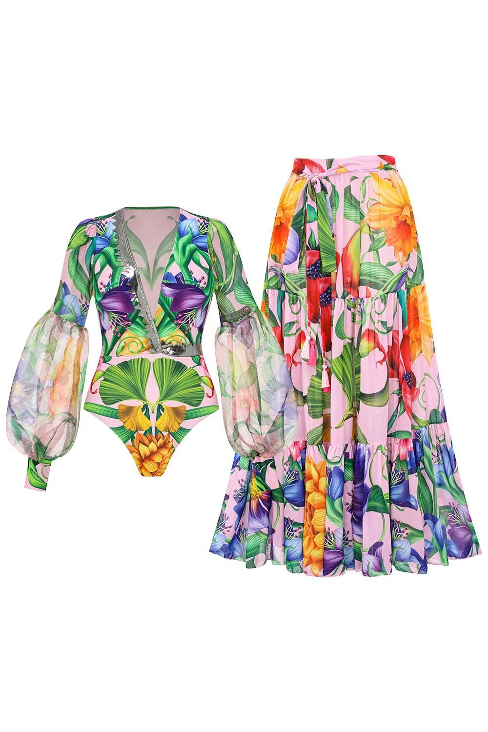 Maillot de bain rose rose à manches longues à manches longues à 2 pièces avec robe de plage