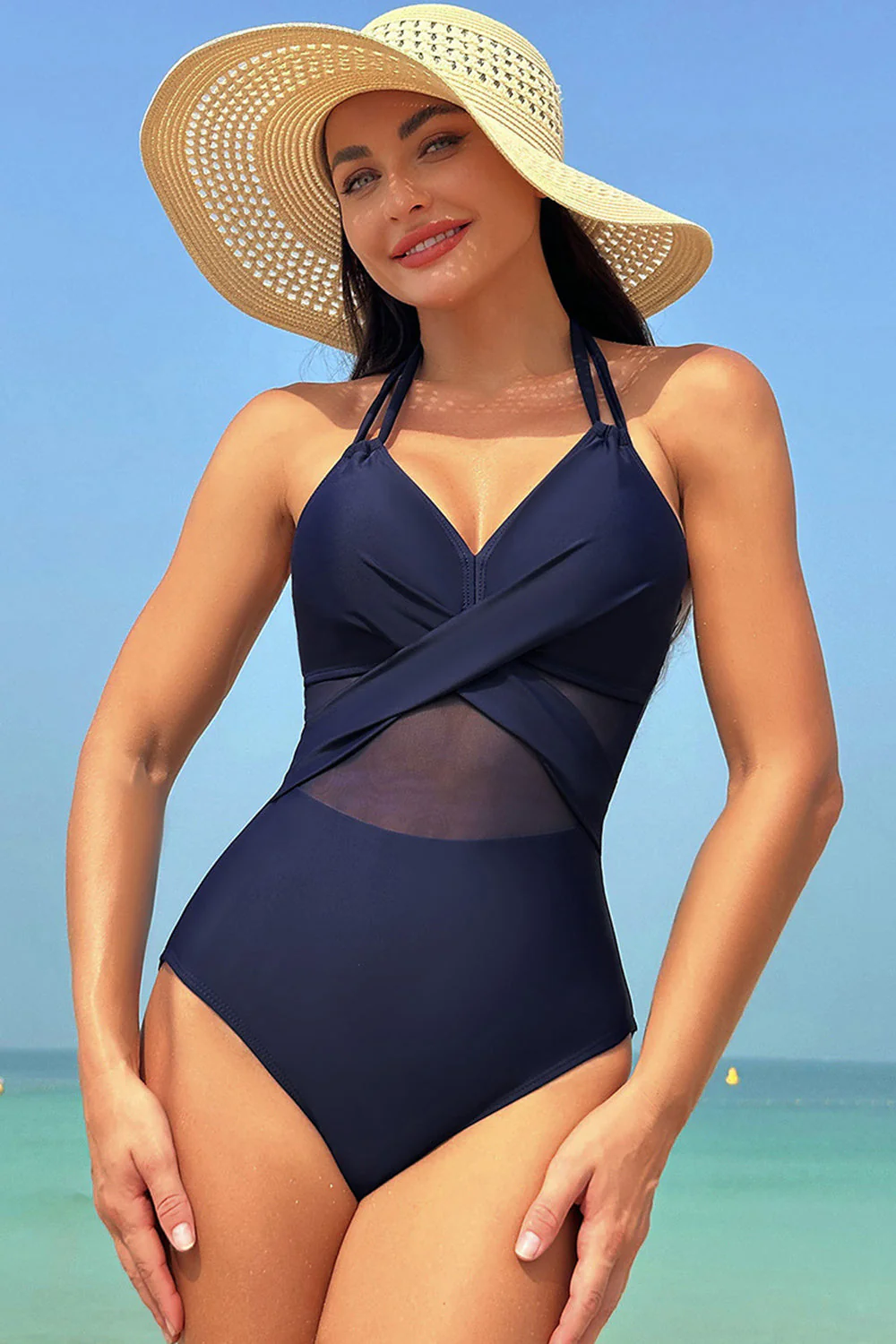 Maillot de bain une pièce dos nu à découpes en maille dos nu bleu marine - Image 3
