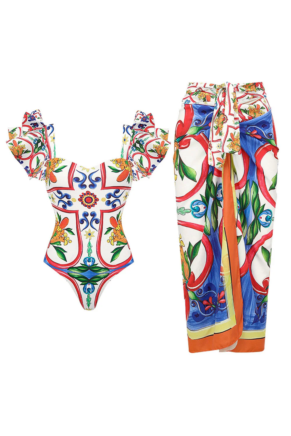 Maillot de bain vintage orange bleu imprimé 2 pièces avec couverture