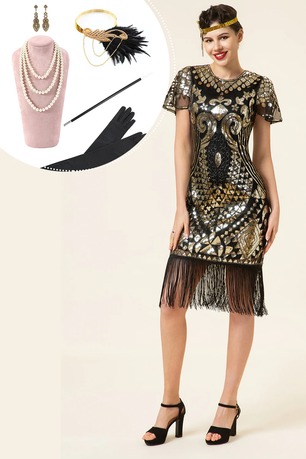 Manches casquettes noires et dorées Franges pailletées Années 20 Gatsby Flapper Robe avec accessoires des années 20 Set