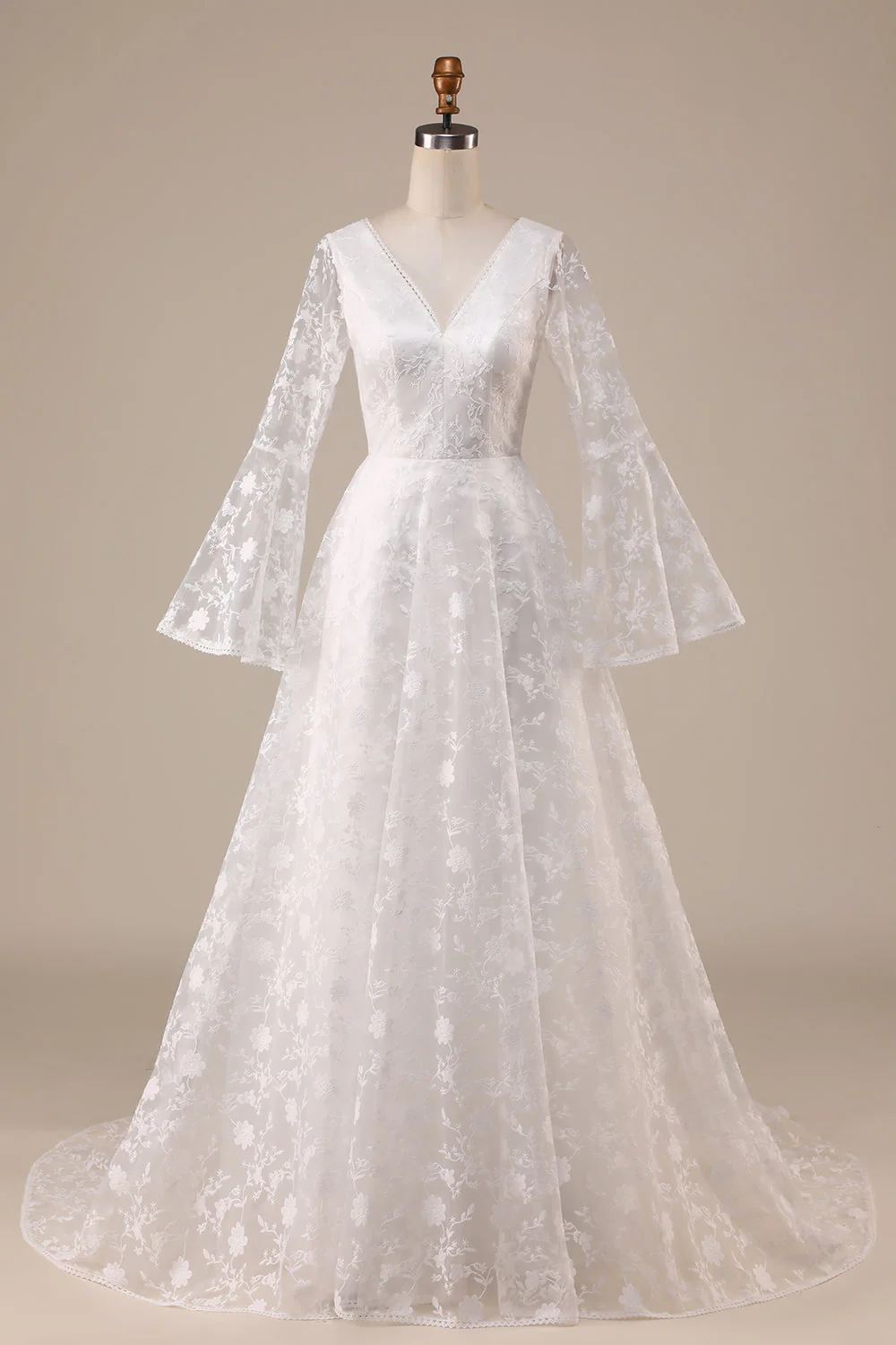 Manches éclatées en dentelle ivoire A-Line Robe de mariée