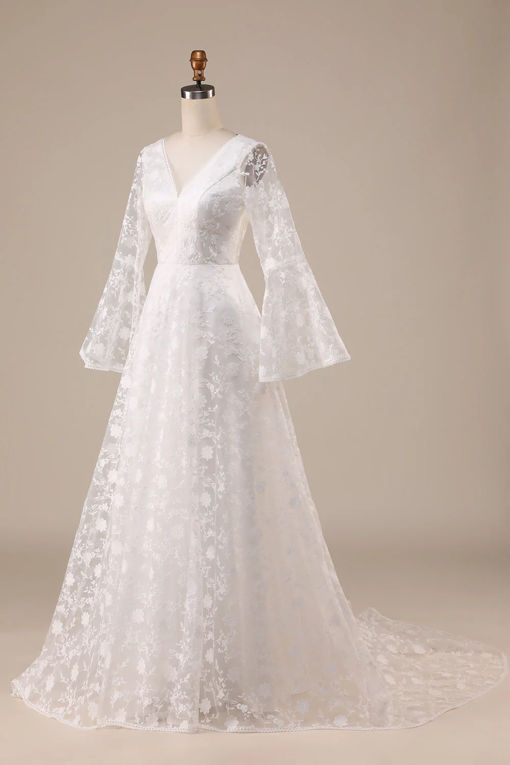 Manches éclatées en dentelle ivoire A-Line Robe de mariée - Image 3