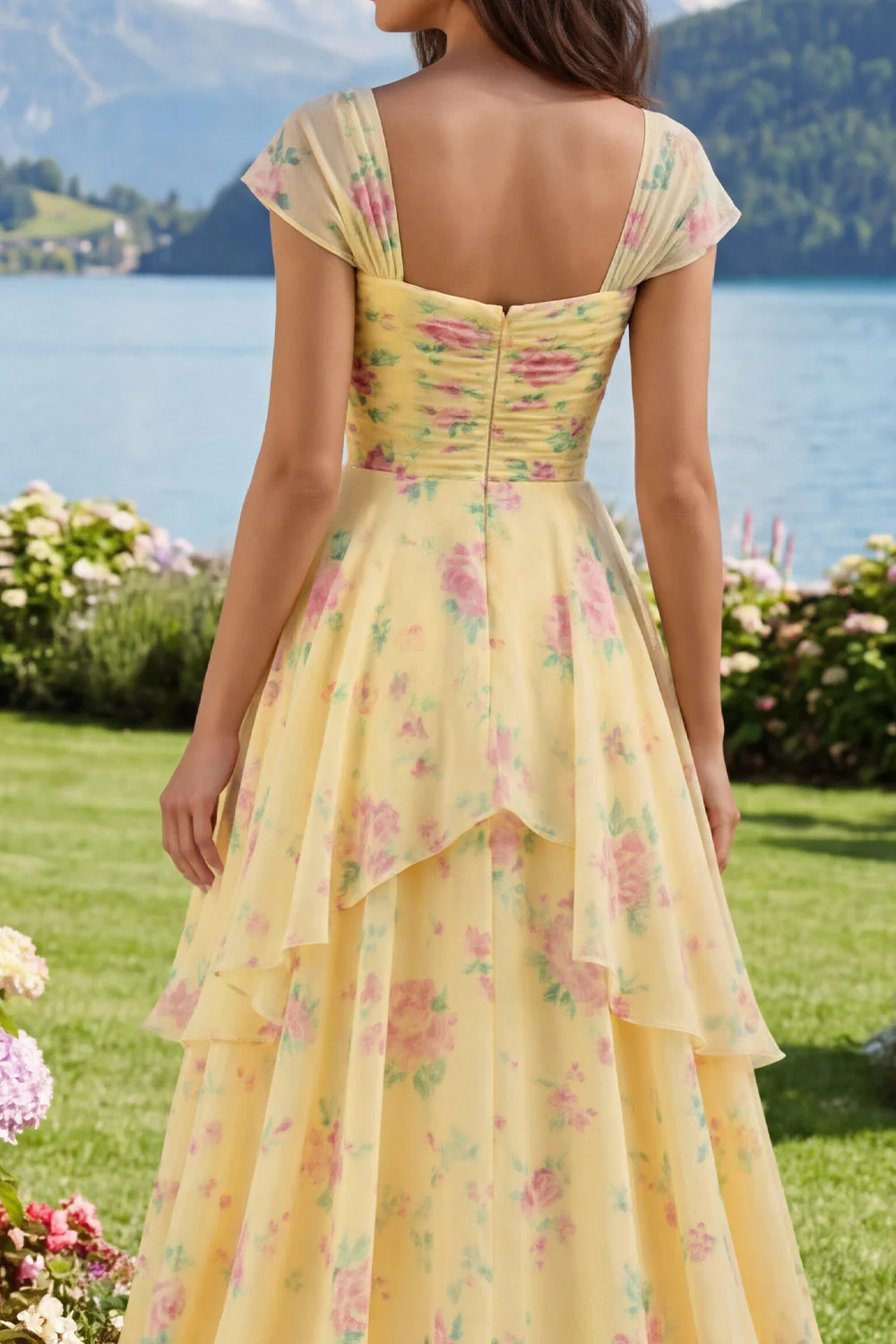 Manches jaunes Une robe de bal florale à volants avec une fente - Image 6