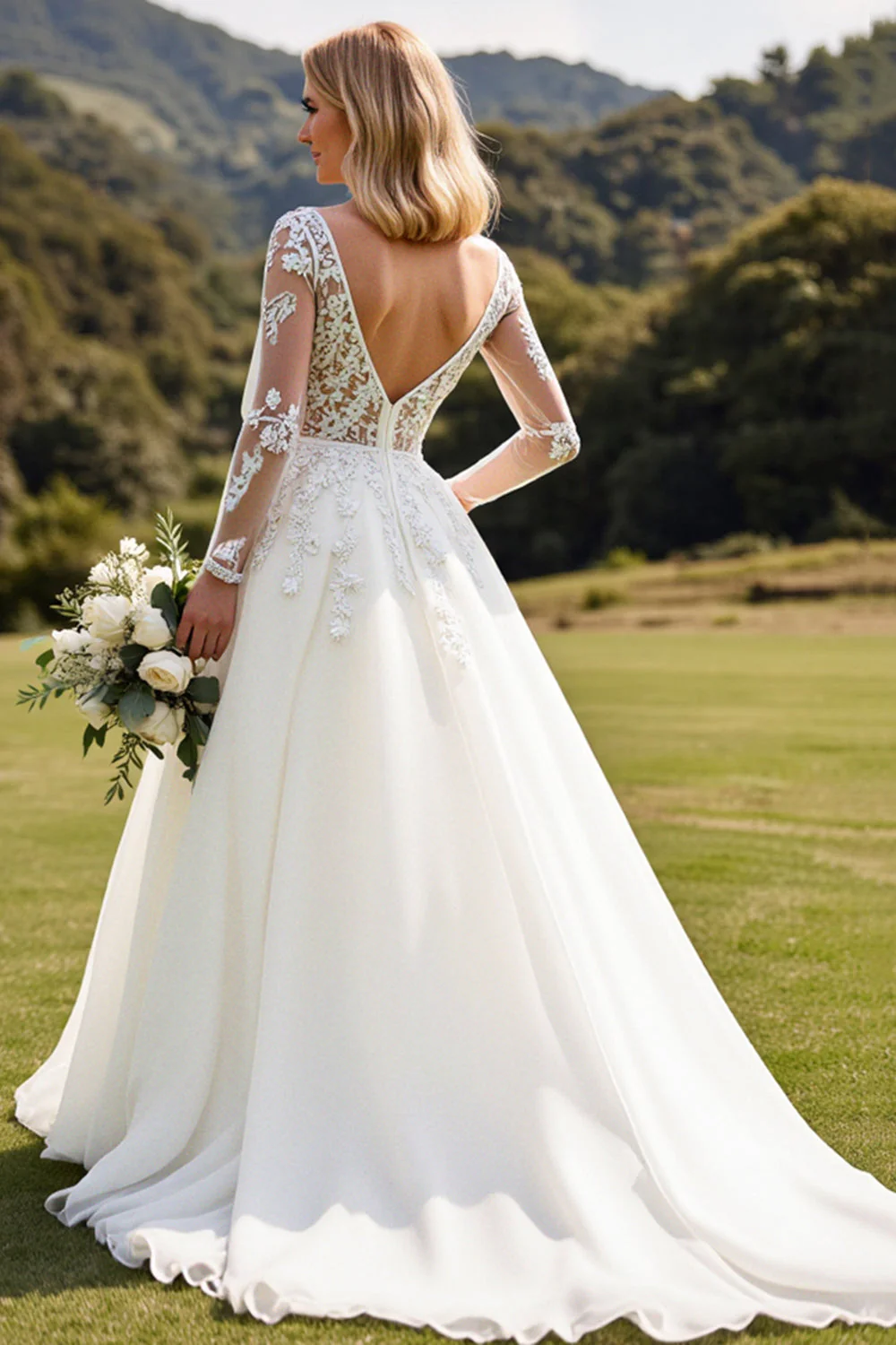 Manches longues lvory A Line Dentelle Applique Robe de mariée - Image 2