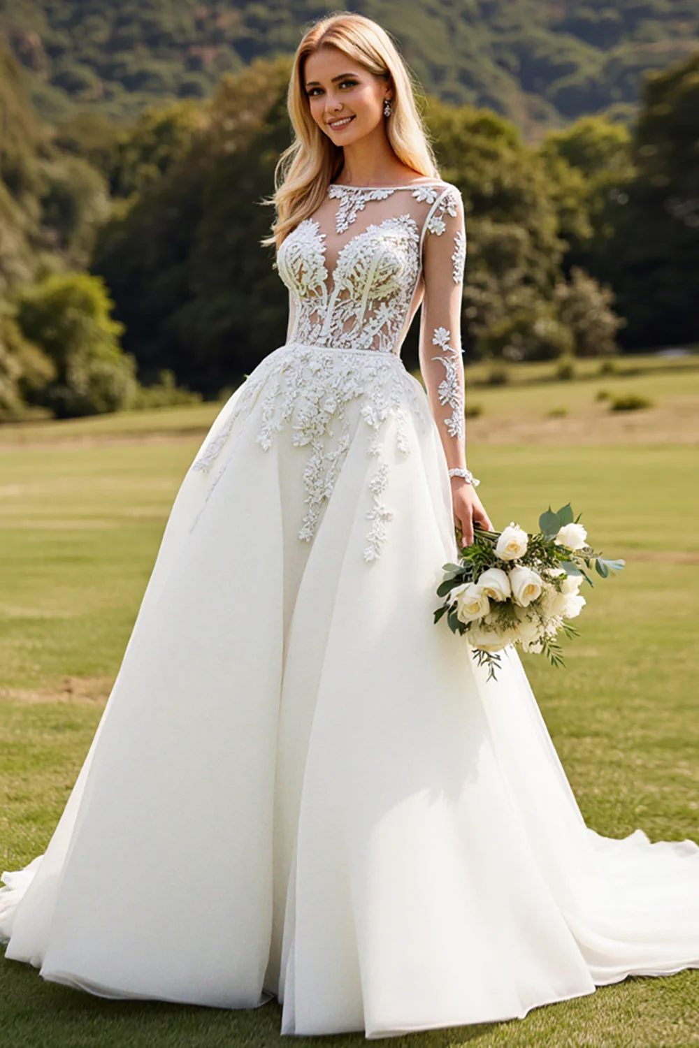Manches longues lvory A Line Dentelle Applique Robe de mariée - Image 3
