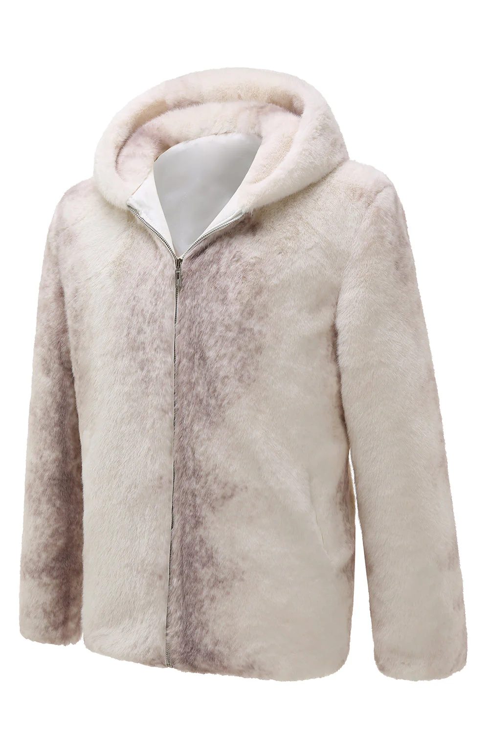 Manteau à capuche zippé en fausse fourrure ivoire pour homme - Image 3