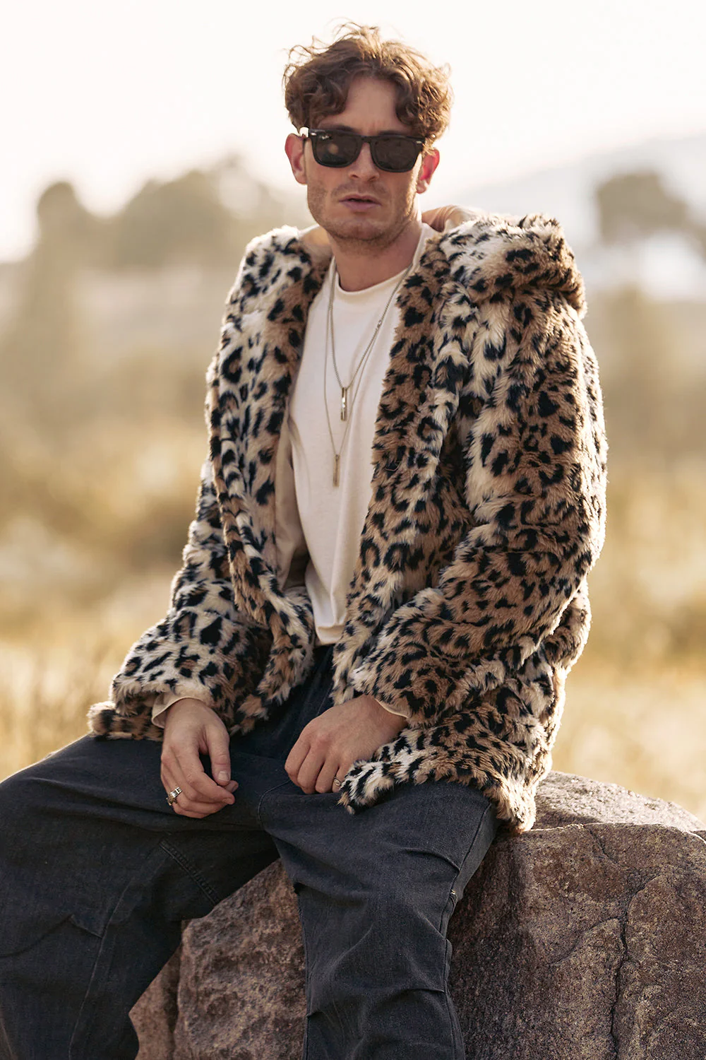 Manteau d’hiver en fausse fourrure mi-longue léopard pour homme - Image 3