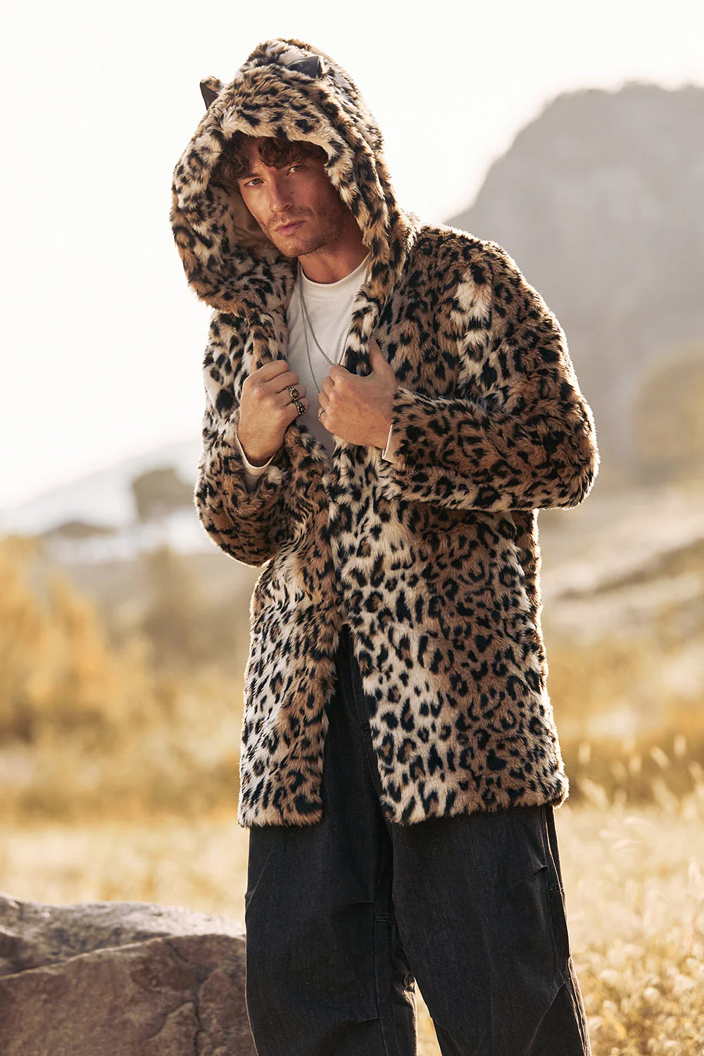 Manteau d’hiver en fausse fourrure mi-longue léopard pour homme - Image 4
