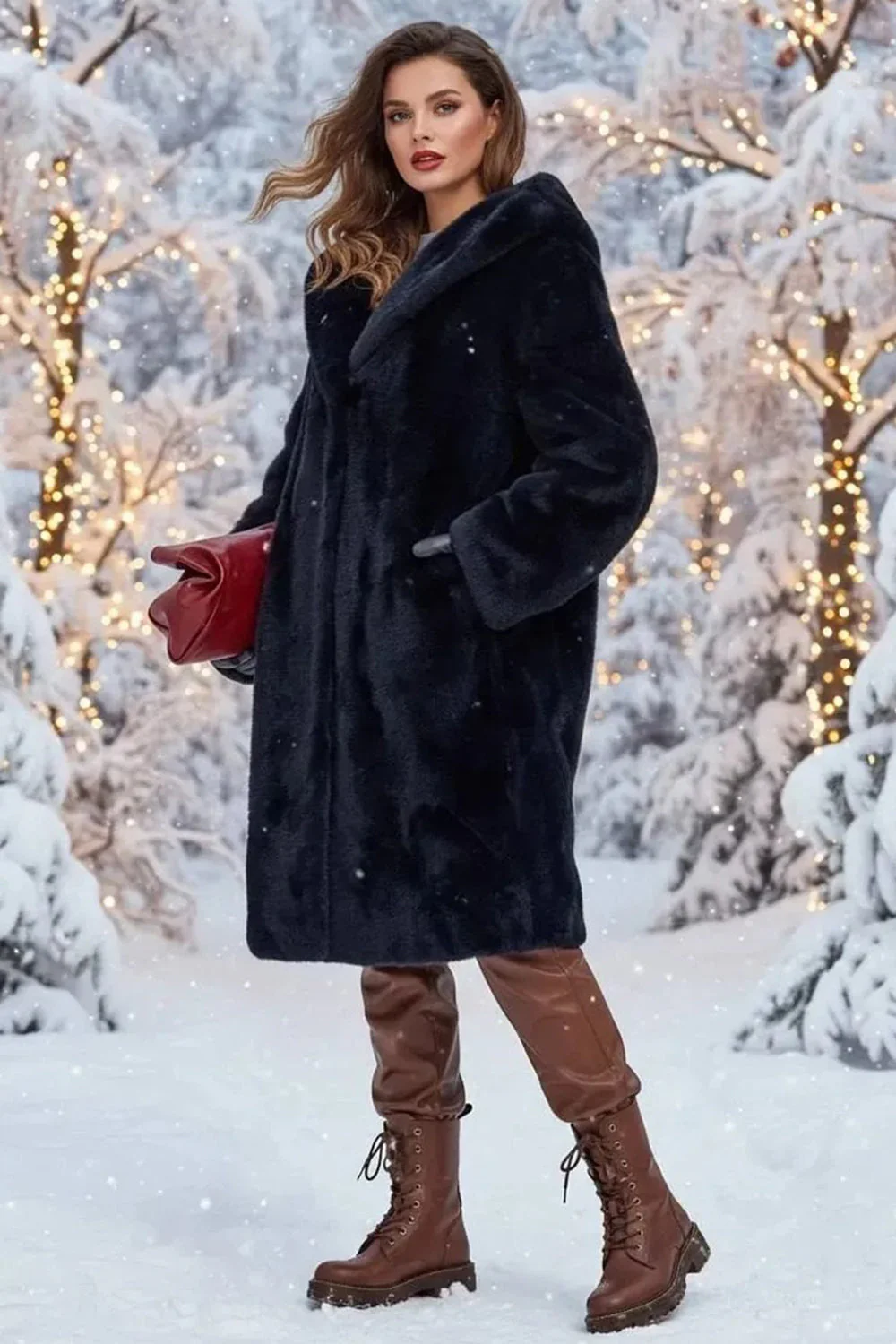 Manteau d’hiver long pour femmes à capuche noire en fausse fourrure