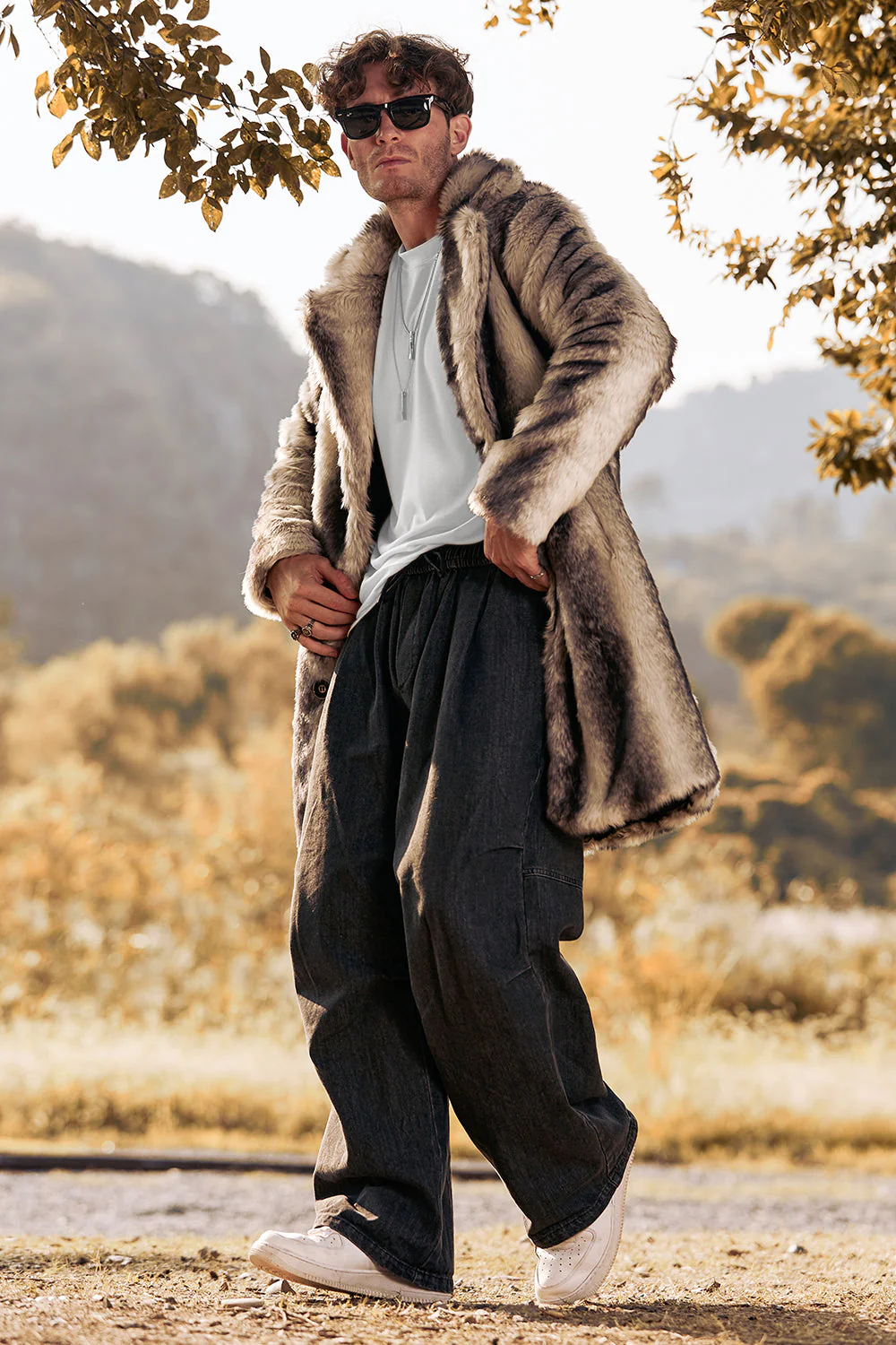Manteau d’hiver mi-long mi-long en fausse fourrure de café pour hommes - Image 3