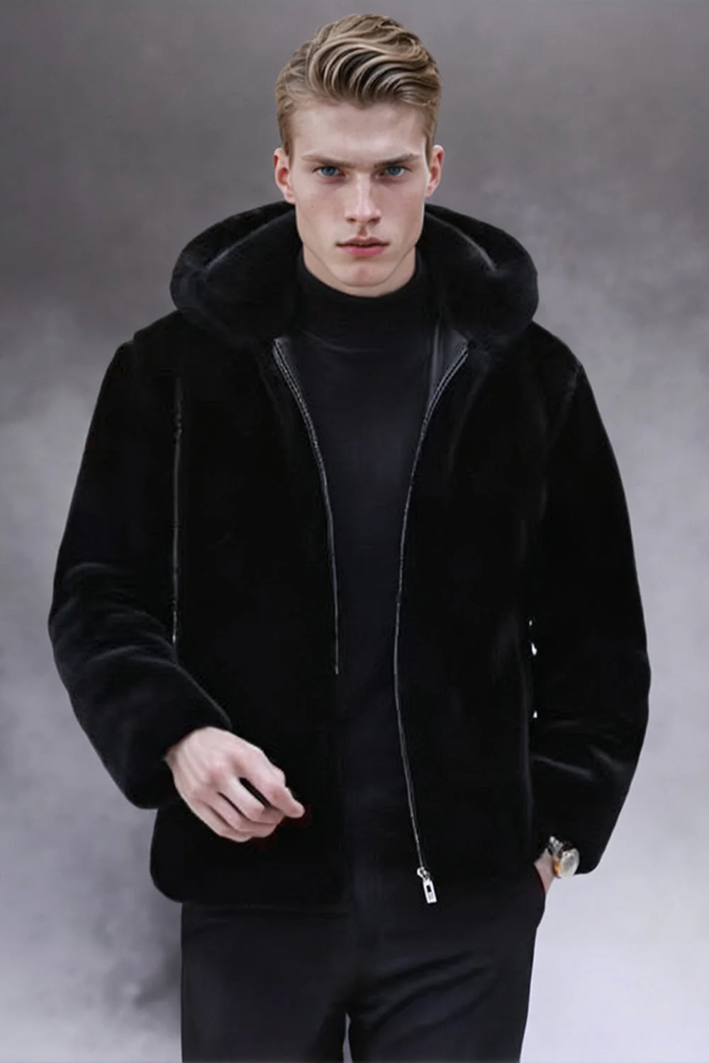 Manteau d’hiver noir à capuche zippée en fausse fourrure noire pour homme à manches longues