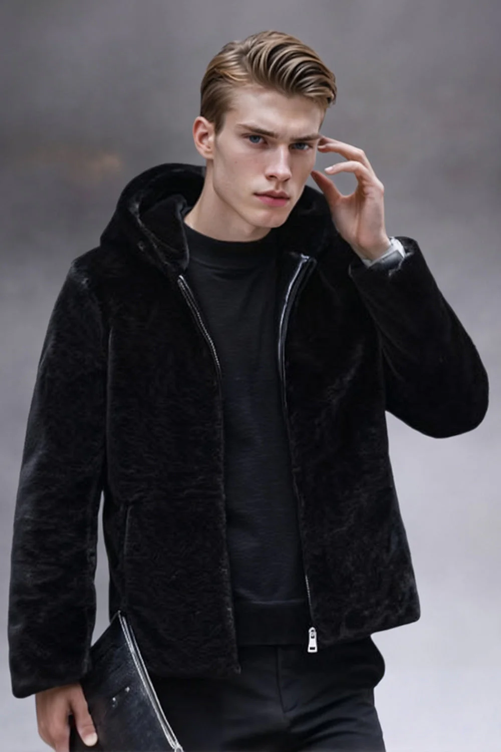 Manteau d’hiver noir à capuche zippée en fausse fourrure noire pour homme à manches longues - Image 3