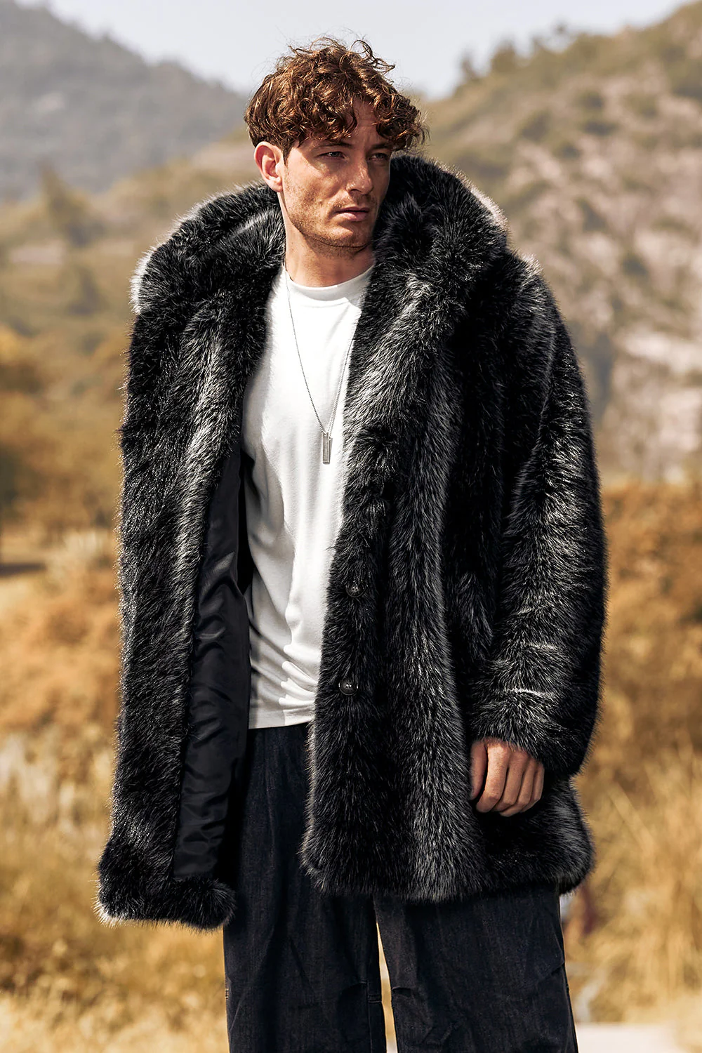 Manteau d’hiver noir à manches longues à capuche en fausse fourrure pour hommes - Image 7