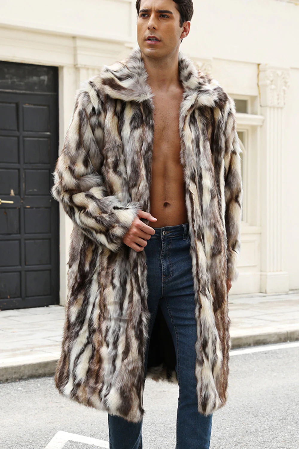 Manteau d’hiver ouvert devant café en fausse fourrure pour hommes