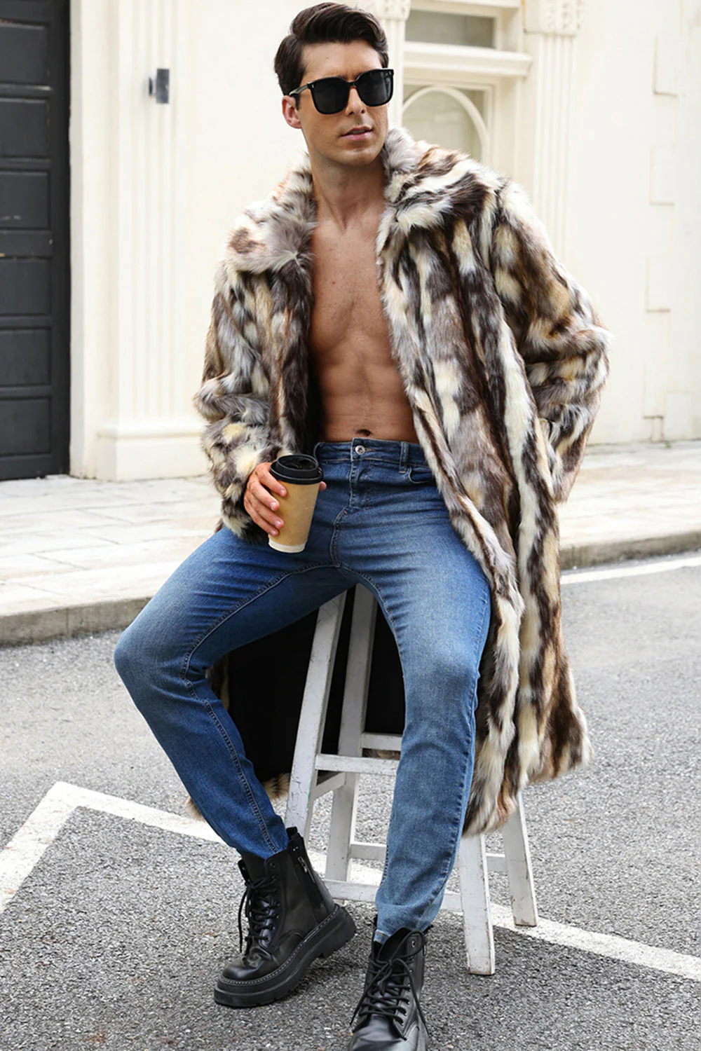 Manteau d’hiver ouvert devant café en fausse fourrure pour hommes - Image 3