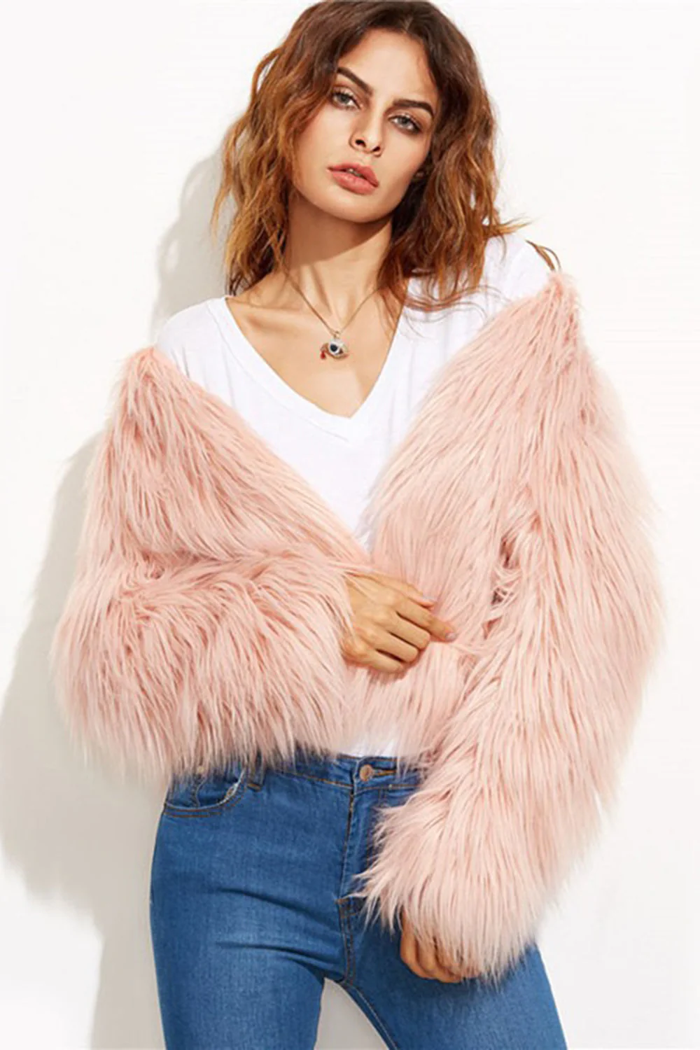 Manteau d’hiver pour femmes à manches longues à manches ouvertes rose rose fausse fourrure