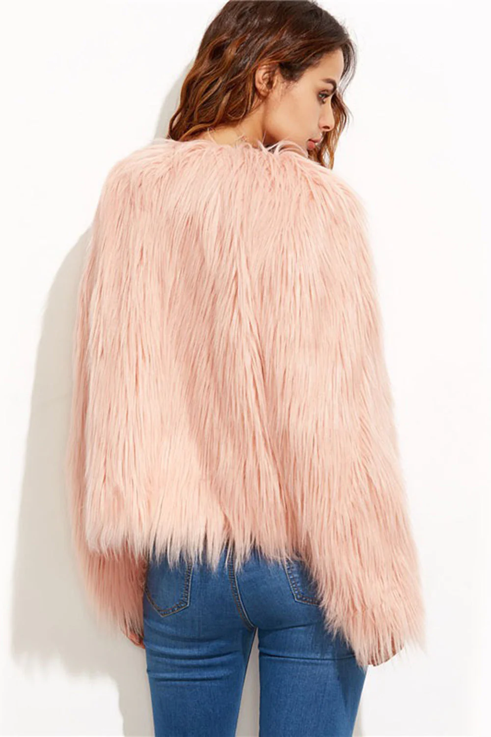 Manteau d’hiver pour femmes à manches longues à manches ouvertes rose rose fausse fourrure - Image 2