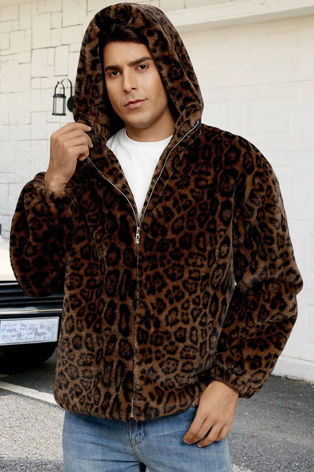 Manteau d’hiver pour hommes à capuche en fausse fourrure en fausse fourrure de léopard brun