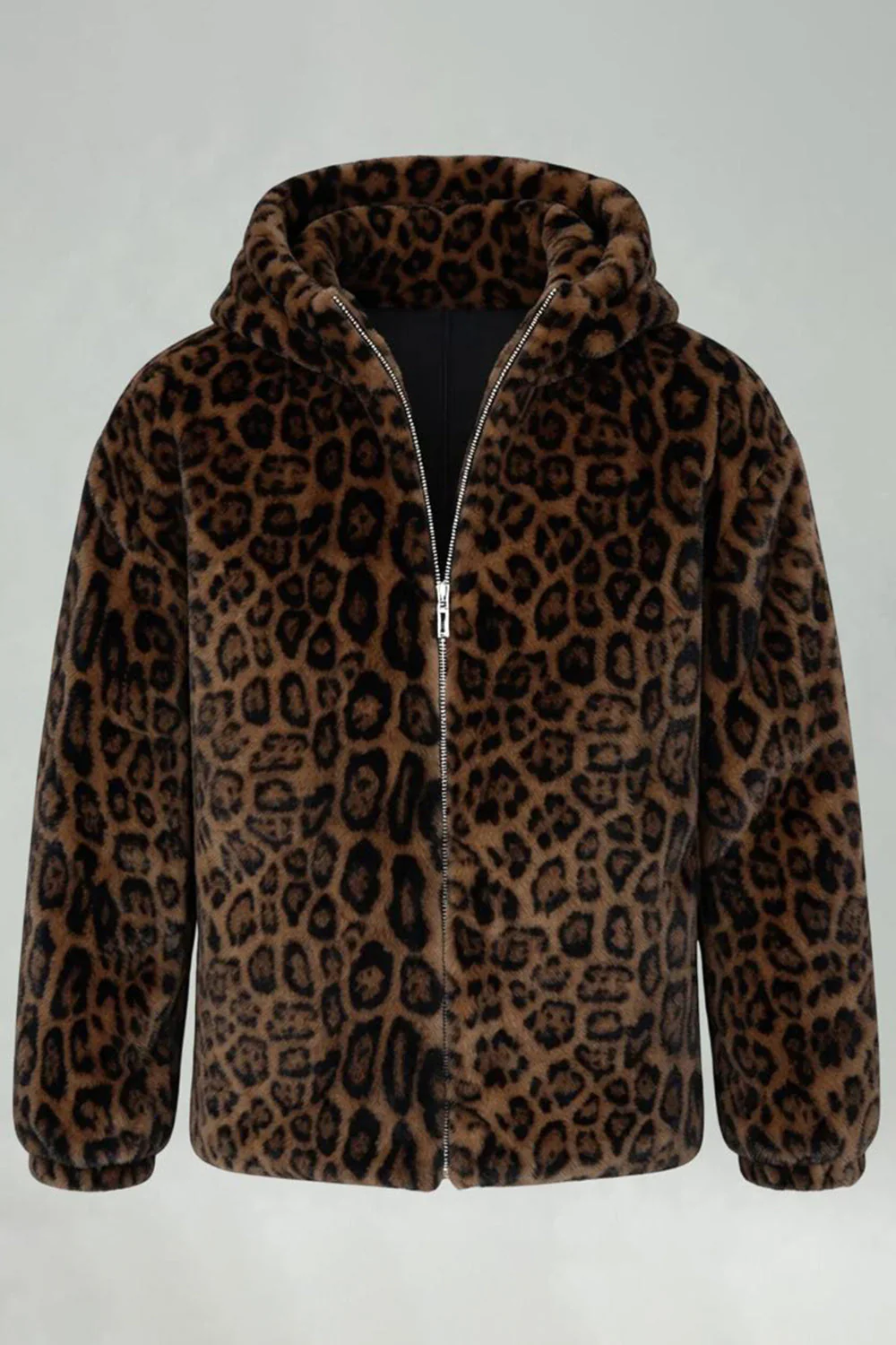 Manteau d’hiver pour hommes à capuche en fausse fourrure en fausse fourrure de léopard brun - Image 5