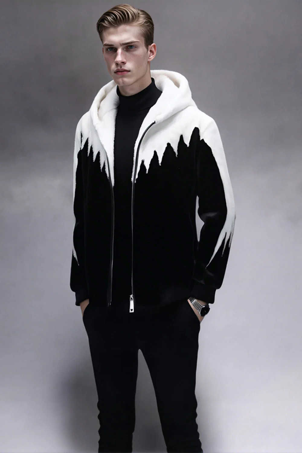 Manteau d'hiver pour homme en fausse fourrure noire et blanche zippé à capuche