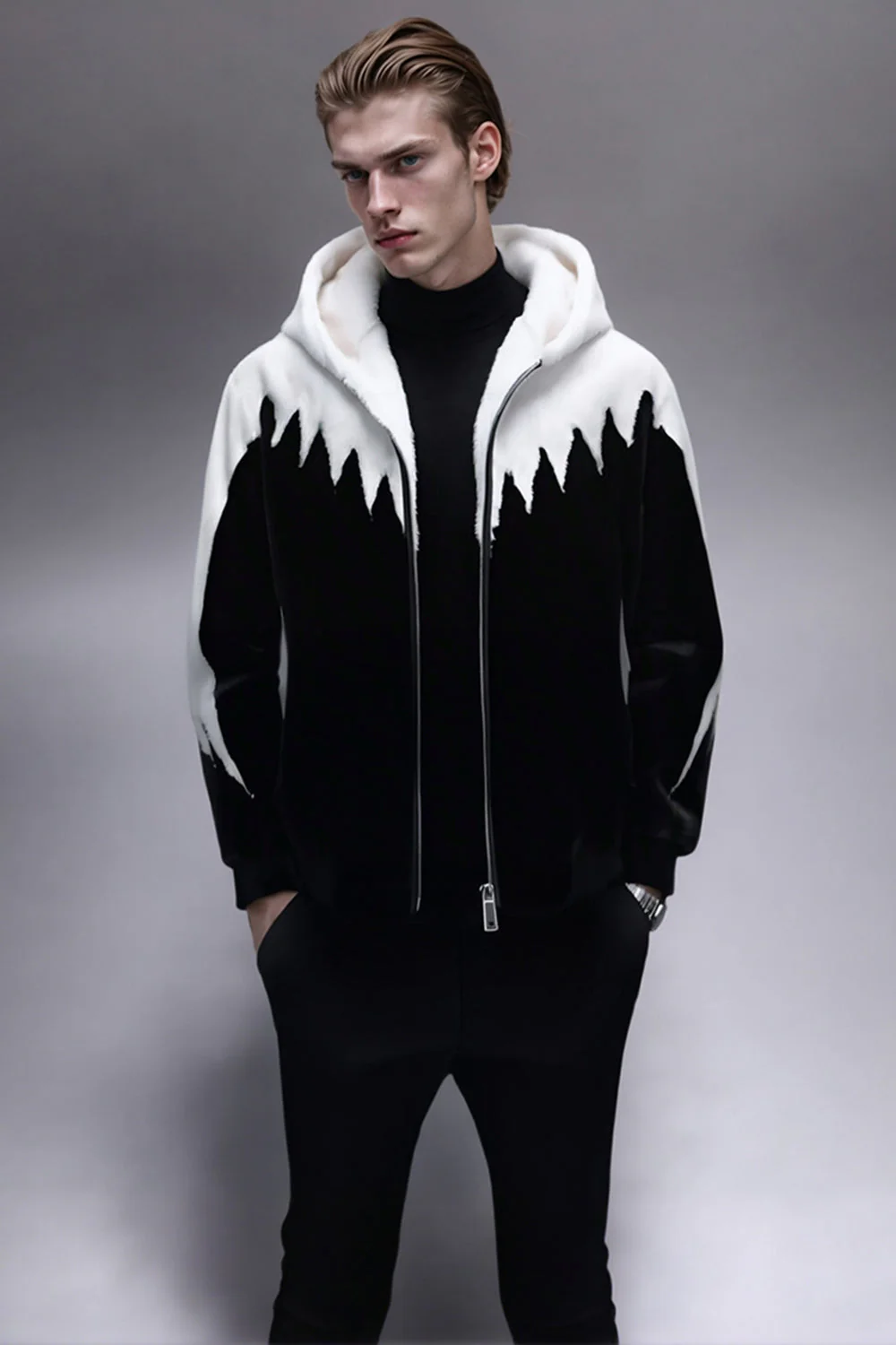 Manteau d'hiver pour homme en fausse fourrure noire et blanche zippé à capuche - Image 2