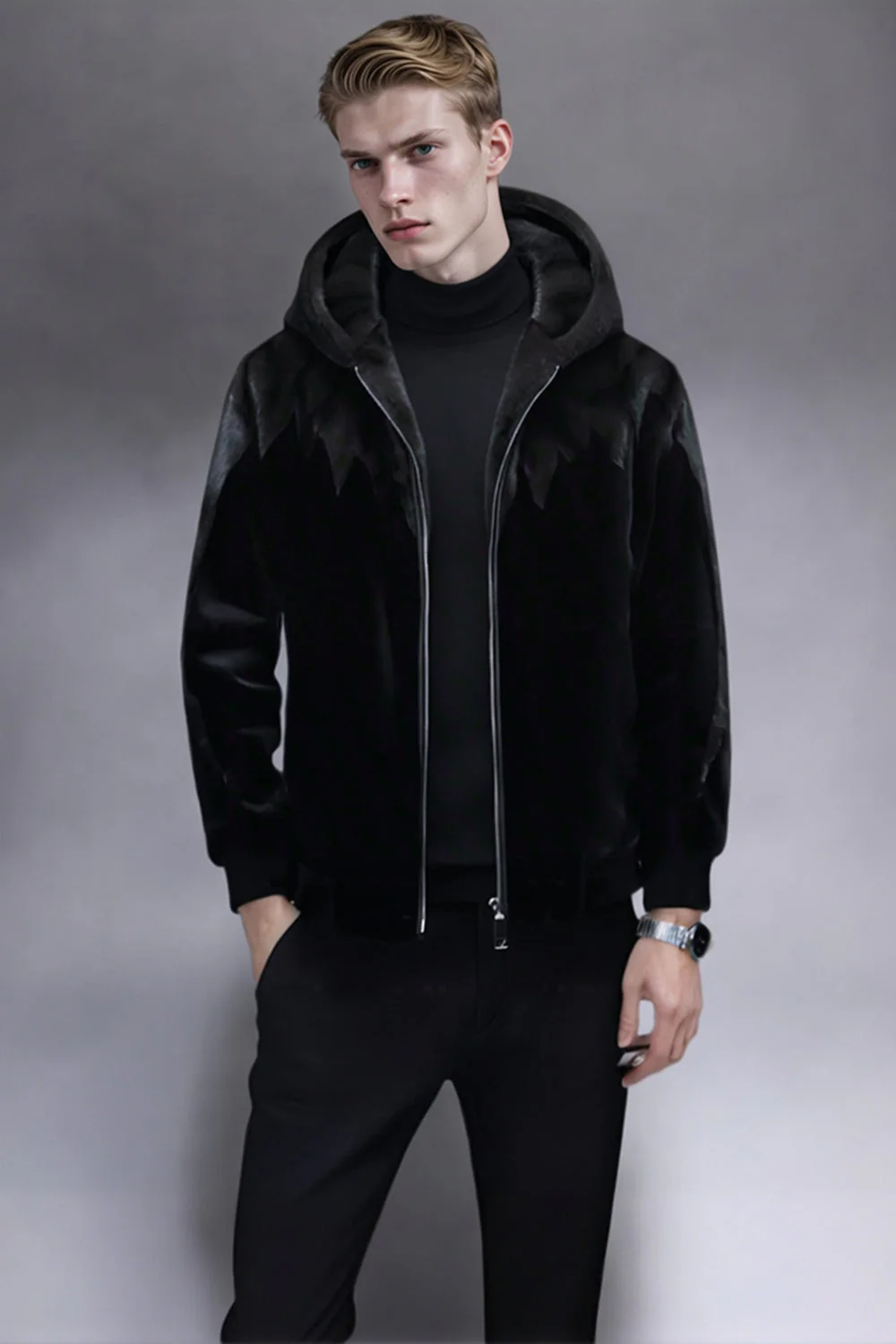 Manteau d'hiver pour homme en fausse fourrure noire et blanche zippé à capuche - Image 3