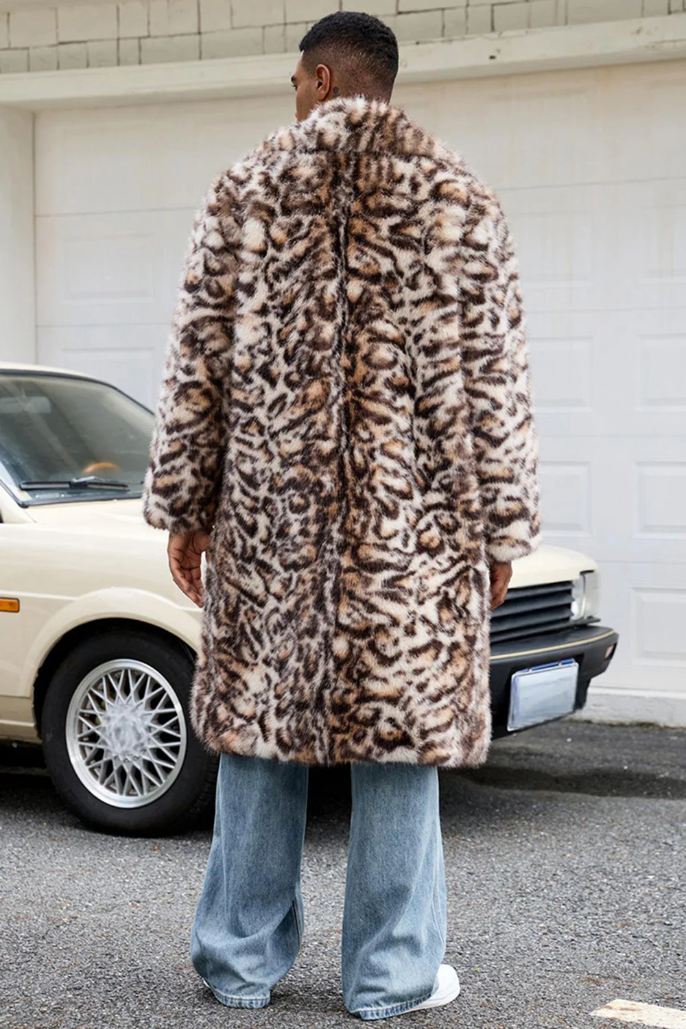 Manteau d’homme long ouvert devant fausse fourrure de léopard brun - Image 4