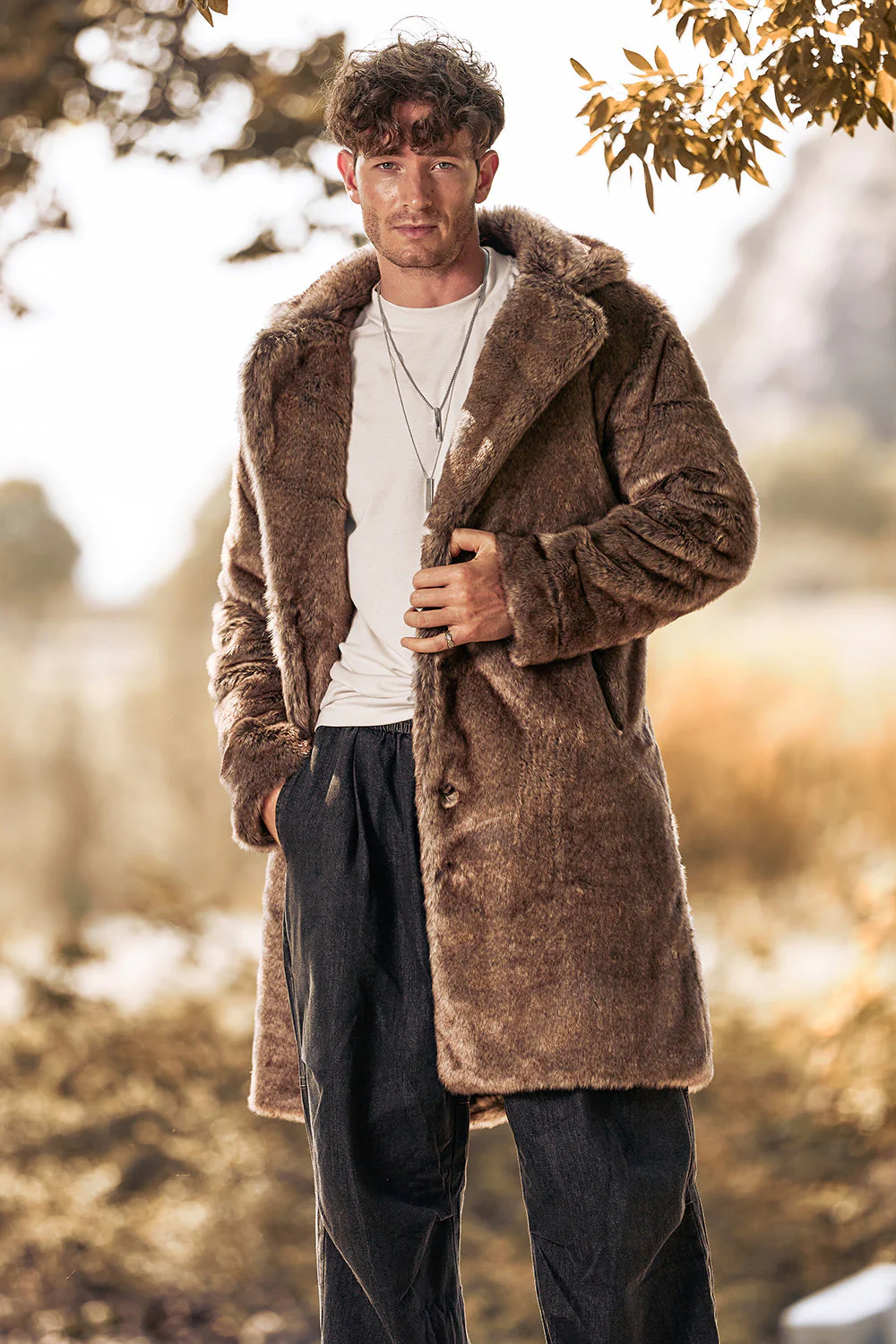 Manteau long en fausse fourrure kaki à revers cranté moelleux pour homme - Image 3